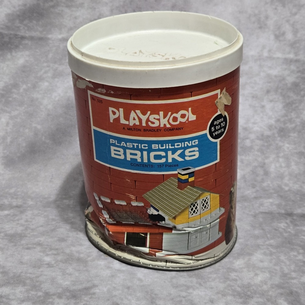 Vintage Playskool Plastic Building Bricks Milton Bradley Canister Set